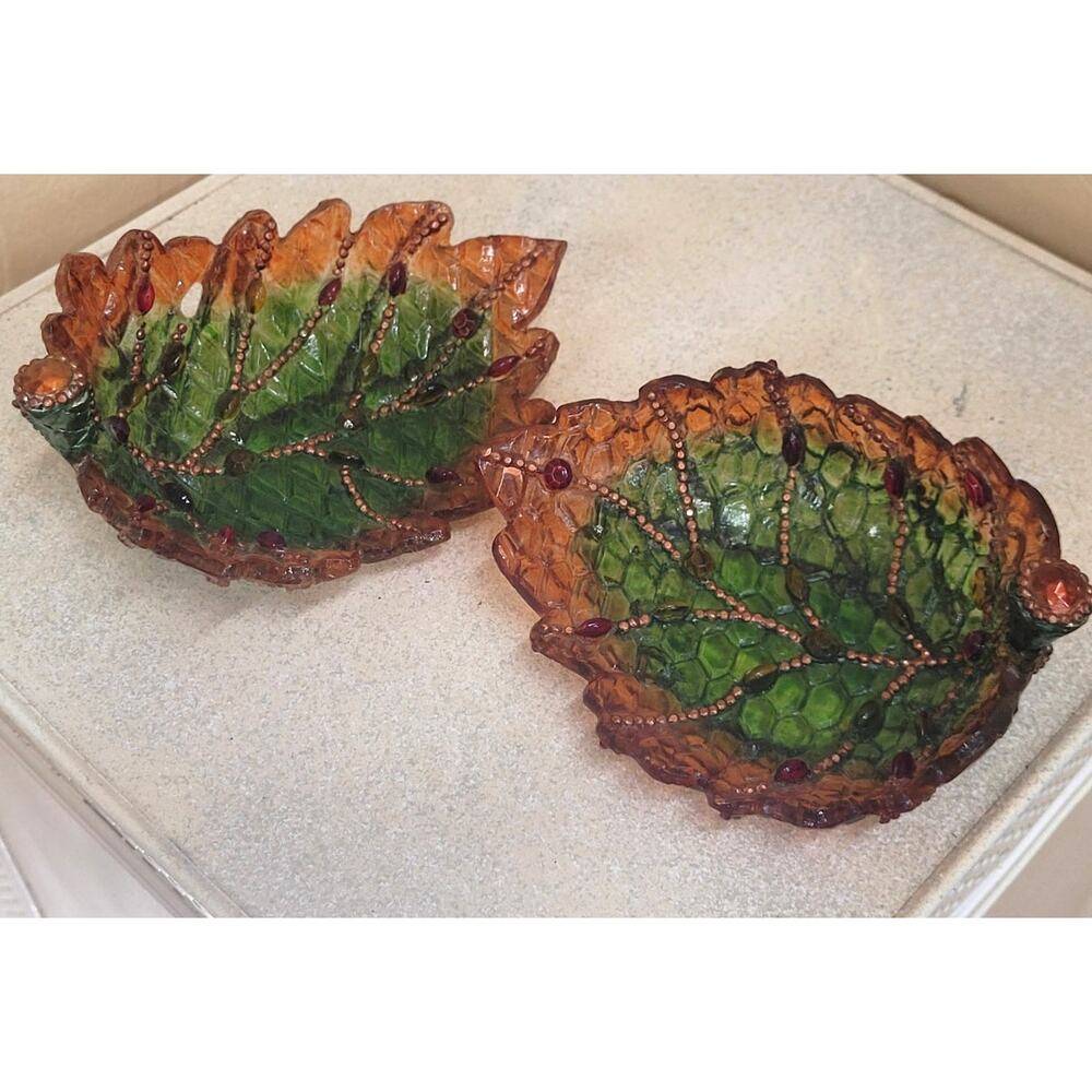 Two Resin Leaf Dishes Translucent Green and Brown 5.5" Long 1.5" Tall